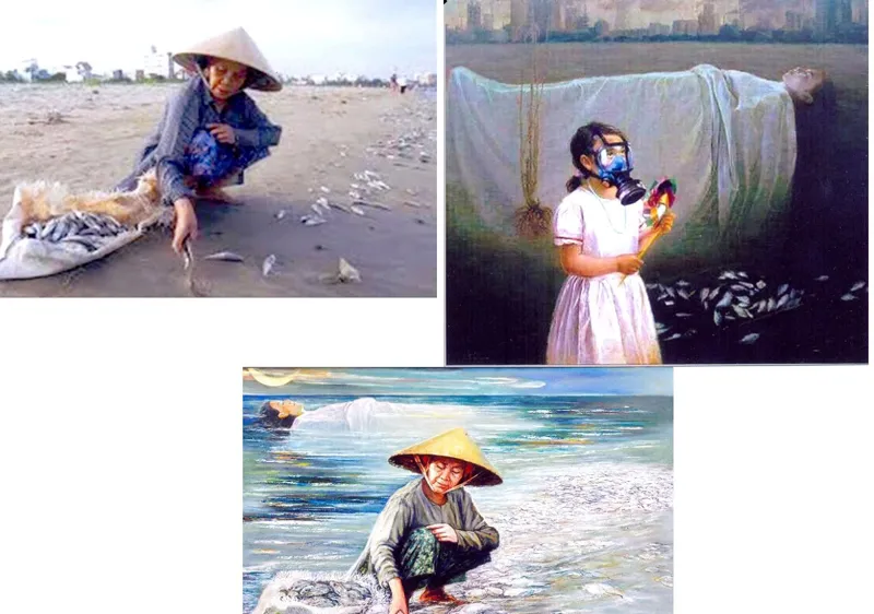 Từ trái sang: Bức ảnh "Biển chết" đăng trên báo Thanh Niên, bức tranh của họa sĩ Lê Thế Anh bà bức tranh "Biển chết" của họa sĩ Nguyễn Nhân. Ảnh: HÀM LUÔNG chụp lại