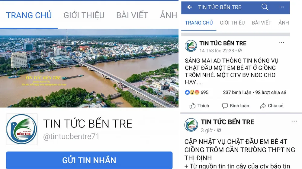 Trang "Tin tức Bến Tre" và nội dung thông tin bịa đặt gây hoang mang dư luận. Ảnh: HÀM LUÔNG