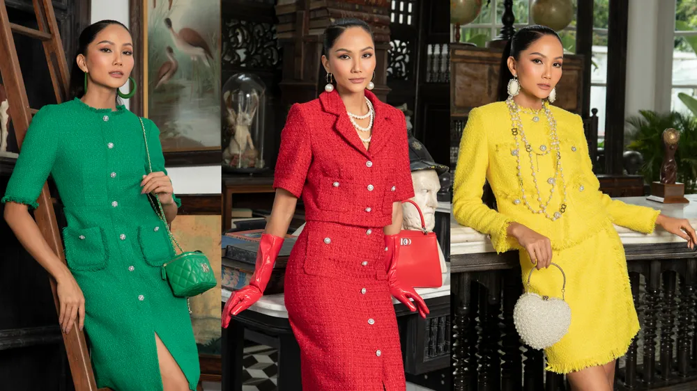 Hoa hậu H’Hen Niê phối phụ kiện tông xuyệt tông với trang phục vải tweed