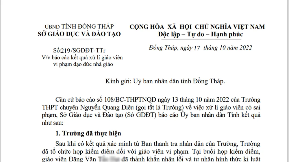 Báo cáo về việc xử lý giáo viên vi phạm đạo đức nhà giáo