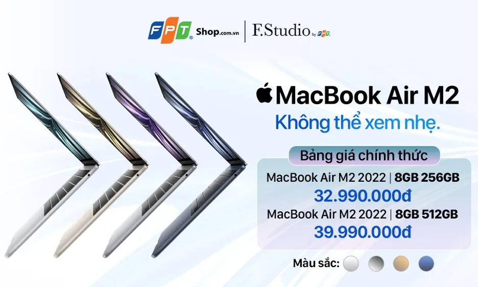 MacBook Air M2 với 4 màu sắc Xám, Bạc, Vàng, Xanh đen cùng nhiều ưu đãi