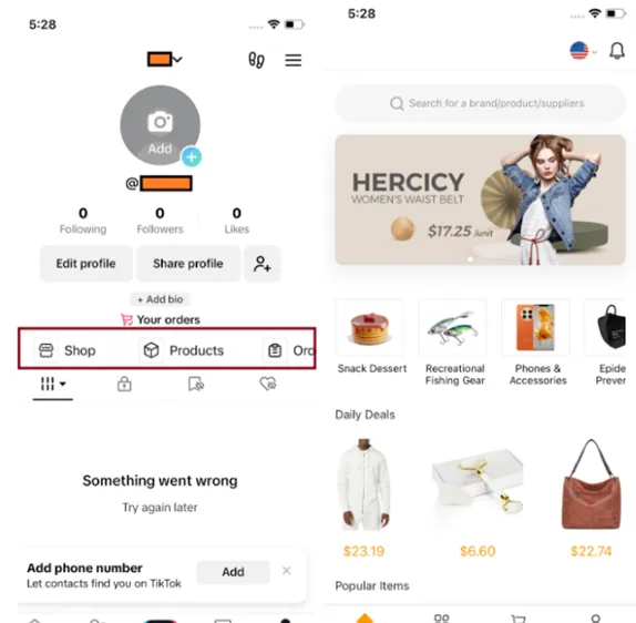 Một cửa hàng trực tuyến giả được cài cắm trong ứng dụng TikTok giả mạo