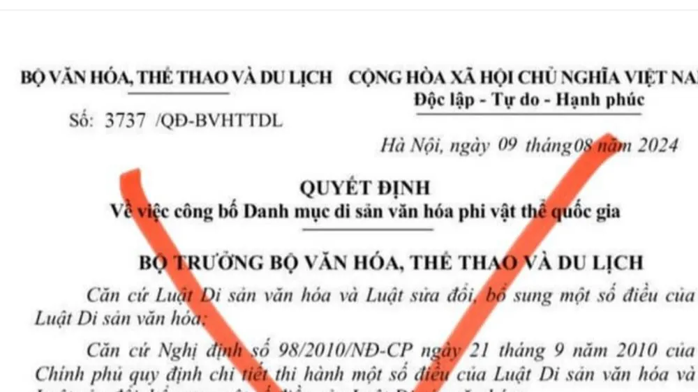 Văn bản giả mạo quyết định của Bộ VH-TT-DL đang lan truyền trên mạng xã hội. 
