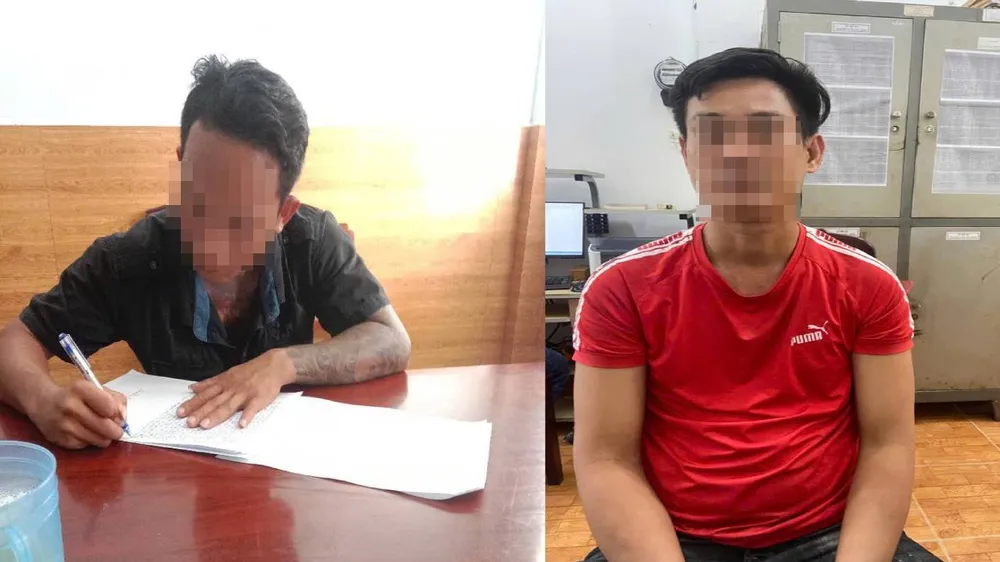 Đối tượng Nguyễn Hoàng Nam và Phạm Ngọc Định đến cơ quan công an xin đầu thú