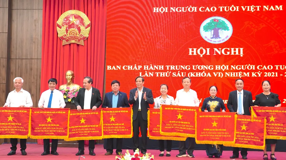 Ông Nguyễn Thanh Bình, Chủ tịch Hội Người cao tuổi Việt Nam trao cờ thi đua cho các tập thể. QUANG HUY