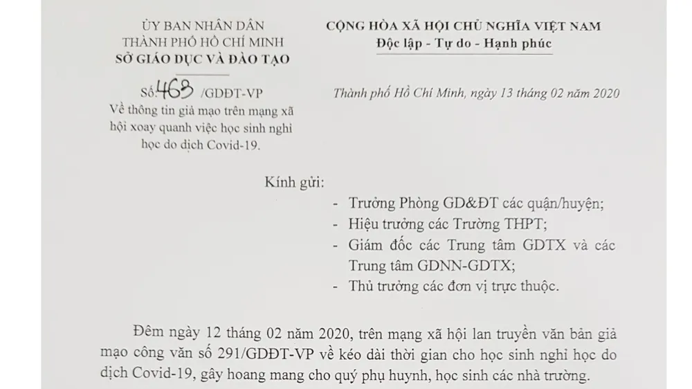 Công an TPHCM vào cuộc điều tra vụ văn bản giả mạo thời gian học sinh đi học lại vì dịch Covid - 19