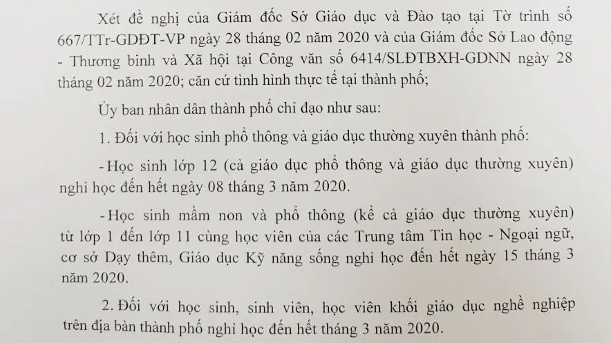 TPHCM: Học sinh nghỉ học đến ngày 15-3, lớp 12 đến ngày 8-3