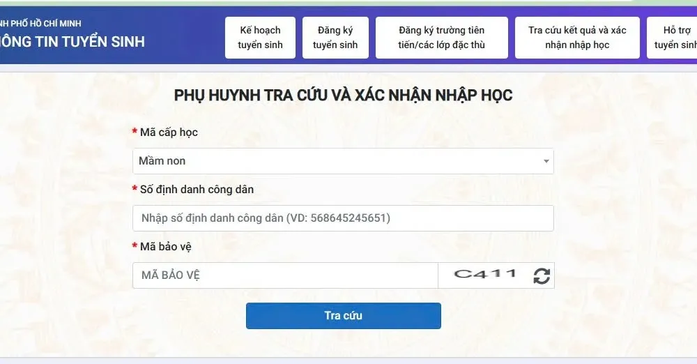 Giao diện màn hình tra cứu kết quả tuyển sinh đầu cấp của TPHCM