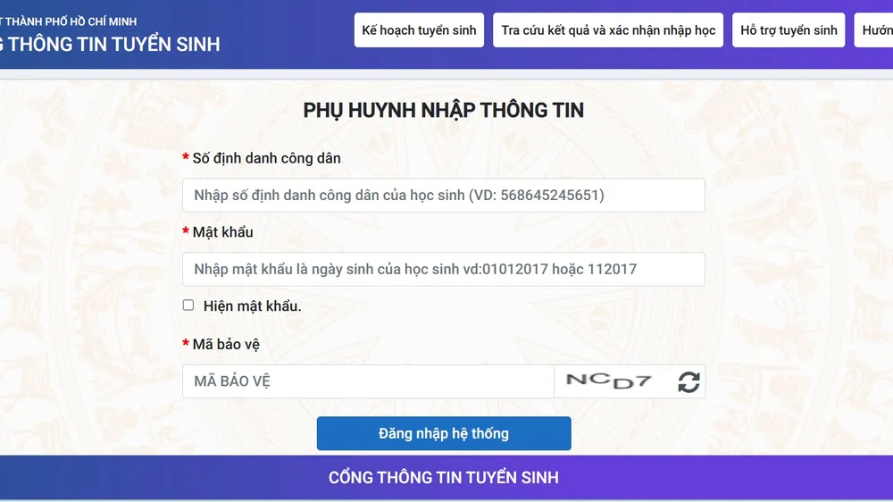 Màn hình đăng nhập hệ thống đăng ký nguyện vọng thay đổi kết quả tuyển sinh