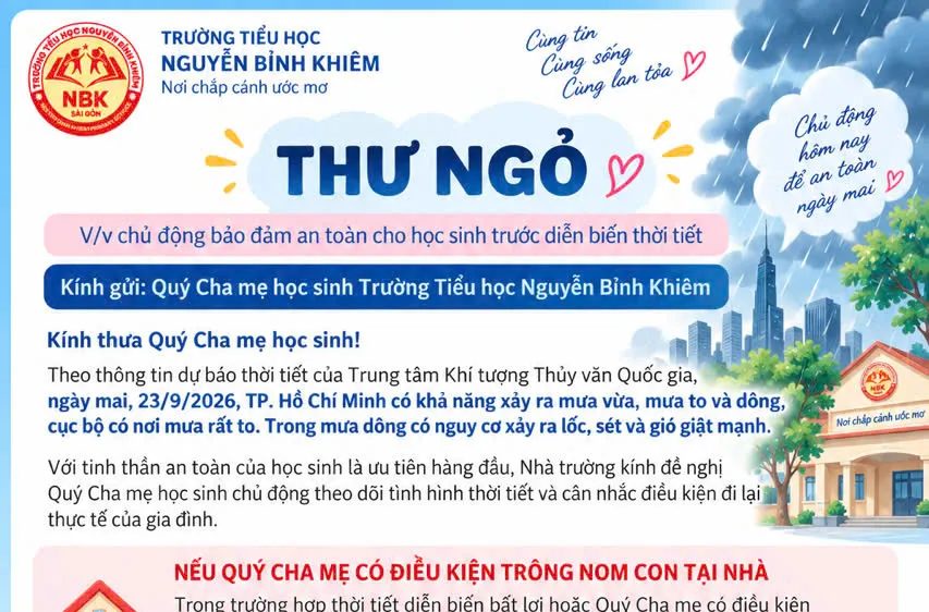 Thư gửi học sinh và phụ huynh học sinh của Trường Tiểu học Nguyễn Bỉnh Khiêm (phường Sài Gòn) 