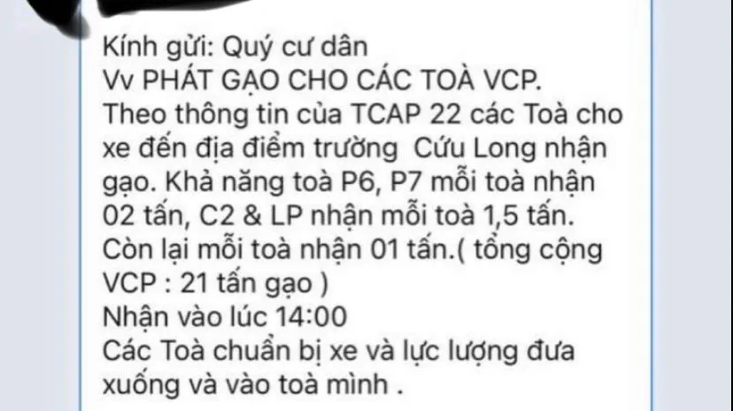 Thu hồi 22 tấn gạo hỗ trợ chung cư Vinhomes