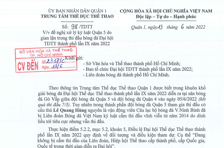 Trung tâm TDTT Quận 5 bị khiếu nại sử dụng cầu thủ đang bị kỷ luật