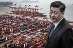 Chinese President Xi Jinping and containers stacked at Yangshan Deepwater Port in Shanghai: China's growth model will be at risk if manufacturers relocate to other countries to be less China-dependent. (Nikkei Montage/Source photo by Reuters/Getty Images)