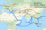 Màu cam là Con đường tơ lụa mới, màu xanh là Con đường tơ lụa trên biển, màu xám là Hành lang kinh tế Trung Quốc–Pakistan. Ảnh: Chính phủ Trung Quốc/FOX News đăng