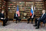 Joe Biden and Vladimir Putin, flanked by secretary of state Antony Blinken and foreign minister Sergei Lavrov in Geneva © Mikhail Metzel/Sputnik/Kremlin Pool/EPA-EFE/Shutterstock