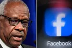 Thẩm phán Tòa án Tối cao Clarence Thomas phát biểu tại The Heritage Foundation vào ngày 21/10/2021, ở Washington, DC và Logo Facebook trên màn hình điện thoại di động ở Moscow vào ngày 19/11/2021. (Drew Angerer / Getty Images; Kirill Kudryavtsev - AFP / N