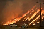 Xe cứu thương bên lề đường khi ngọn lửa lan nhanh lên ngọn đồi ở Castaic, một khu phố phía tây bắc của Los Angeles, vào 22/1/2025 | AFP-JIJI