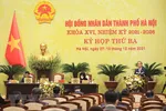 Chủ tịch Hội đồng Nhân dân thành phố Hà Nội Nguyễn Ngọc Tuấn phát biểu tại buổi khai mạc kỳ họp. (Ảnh: Văn Điệp/TTXVN)