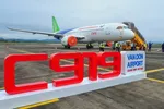 Máy bay Trung Quốc C919 tại Sân bay quốc tế Vân Đồn. Ảnh: COMAC.