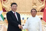 Chủ tịch Trung Quốc Tập Cận Bình và Tổng thống Myanmar Win Myint. Ảnh: CGTN
