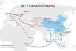 Bản đồ về Con đường tơ lụa - màu đỏ là vành đai kinh tế, màu xanh là đường biển Ảnh: Silk Road Briefing
