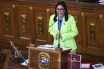 Tổng thống lâm thời Venezuela Delcy Rodriguez trình bày báo cáo thường niên trước Quốc hội ở Caracas ngày 15/1/2026. Ảnh: THX/TTXVN