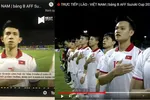 Tiếng bài Quốc ca Việt Nam bị tắt trên kênh YouTube phát sóng trận đấu Việt Nam - Lào tại AFF Suzuki Cup 2020 tối 6-12 (trái) và bản phát lại chiều 7-12 mới có âm thanh ở lễ chào cờ - Ảnh chụp màn hình