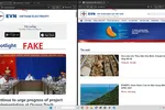 Giao diện trang web giả mạo có các nút tải giả mạo huy hiệu/logo Google Play và App Store (bên trái) nhằm dụ dỗ người dùng tải về file ứng dụng độc hại mang tên "CSKH EVNSPC"