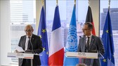 Ngoại trưởng Pháp Jean-Yves Le Drian và người đồng cấp Đức Heiko Maas (phải) tại cuộc họp báo ở New York, Mỹ, ngày 2-4. Ảnh: TTXVN