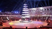 A tower is illuminated at the Pyeongchang Olympic Stadium during the closing ceremony of the Winter Olympics in South Korea on Sunday. — Kyodo Photo