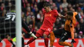 Roberto Firmino (Liverpool) sút bóng trước cầu môn Wolves.