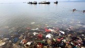 Plastic waste seen submerged in water during an event to clear garbage from Lampung bay in the Sukaraja village in the Bumi Waras subdistrict of Bandar Lampung on February 21, 2019 (Source: AFP)