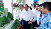 Thủ tướng Nguyễn Xuân Phúc và các đại biểu tham quan khu vực trưng bày sản phẩm đặc trưng của vùng đồng bằng Bắc bộ. Ảnh: TTXVN