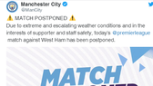 Hoãn trận Man City - West Ham vì bão Ciara