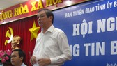 Ông Lê Hữu Phước, Trưởng Ban Tuyên giáo Tỉnh ủy Bình Dương phát biểu tại buổi họp báo