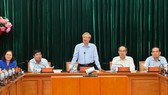 Đồng chí Trần Quốc Vượng, Ủy viên Bộ Chính trị, Thường trực Ban Bí thư làm việc với Thành ủy TPHCM về công tác tổ chức Đại hội Đảng. Ảnh: VIỆT DŨNG