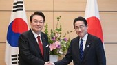 3月16日下午,在位于东京的日本首相官邸,韩国总统尹锡悦(左)同日本首相岸田文雄在举行小范围会谈前握手合影。(图:韩联社)