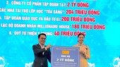 Đại diện lãnh đạo Tập đoàn T&T Group (trái) trao 2 tỷ đồng cho Trung tâm Công tác xã hội và Quỹ Bảo trợ trẻ em Hà Nội nhằm hỗ trợ trẻ em có hoàn cảnh đặc biệt, hoàn cảnh khó khăn. Ảnh: Hanoimoi