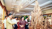 Tại Bảo tàng Trầm Hương, anh Nguyễn Văn Tưởng giới thiệu với Chủ tịch Quốc hội Nguyễn Thị Kim Ngân về chiến lược phát triển Trầm hương Khánh Hòa.