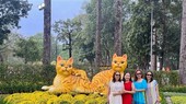 Tượng Mèo - linh vật đại diện cho Tết Quý Mão 2023 được nhiều du khách lựa chọn điểm chụp lưu niệm. (Ảnh: Hứa Chung/TTXVN)