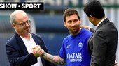 Messi bên cạnh Cố vấn Campos (trái) cùng Chủ tịch Al-Khelaifi (phải)