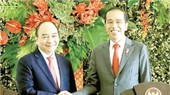 Indonesian President Joko Widodo (L) receives Vietnamese counterpart Nguyen Xuan Phuc. (Photo: VNA)
