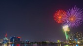 high-range firework display is set off from the tunnel crossing the Saigon River (Thu Thiem tunnel) in Thu Duc City on April 30. (Photo: SGGP)