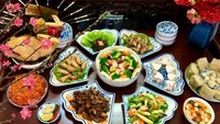 Vietnamese traditional offering trays prepared for Lunar New Year's Eve