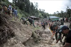 Lực lượng cứu hộ và người dân thu dọn bùn đất sau lũ lụt và lở đất tại Bắc Sumatra, Indonesia, ngày 28/11/2025. Ảnh: THX/TTXVN
