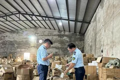 Cán bộ Chi cục Quản lý thị trường tỉnh Quảng Ninh kiểm tra kho hàng có dấu hiệu vi phạm. (Ảnh: PV/Vietnam+)