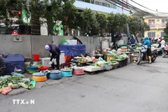 Một "chợ tạm,” "chợ cóc," hoạt động công khai trên phố Chính Kinh. (Ảnh: Vũ Quang/TTXVN)