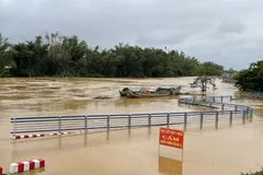 Nước lũ trên sông Trà Khúc dâng cao gây ngập đường vào xóm Lân, xã Tịnh Khê, tỉnh Quảng Ngãi. (Ảnh: Phạm Cường/TTXVN)