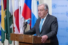 Tổng thư ký LHQ Antonio Guterres trong cuộc họp báo tại New York, Mỹ ngày 17/12/2025. Ảnh: THX/TTXVN
