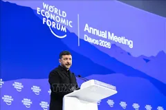 Tổng thống Ukraine Volodymyr Zelensky phát biểu tại Diễn đàn Kinh tế Thế giới (WEF) ở Davos (Thụy Sĩ) ngày 22/1/2026. Ảnh: THX/TTXVN